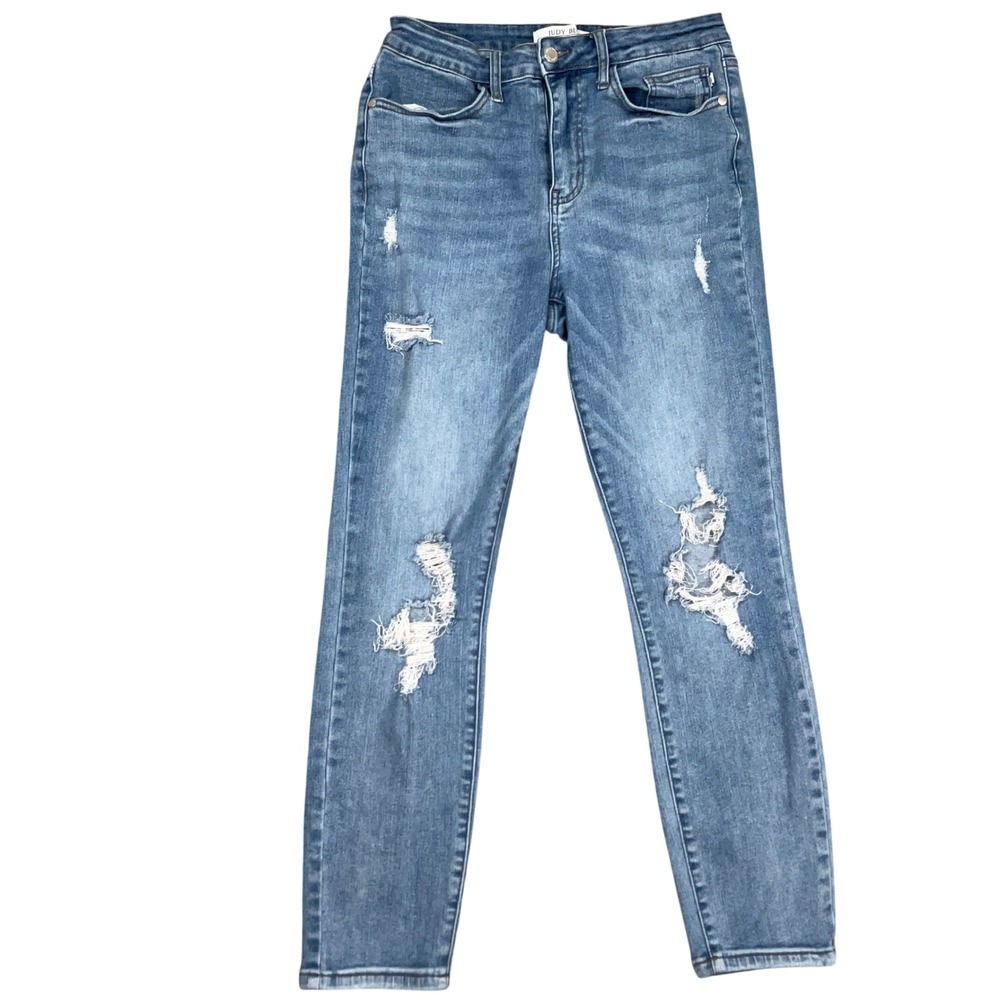 Judy Blue Jeans Womens 28 Blue Relaxed Fit Distressed Relaxed High Rise Tapered